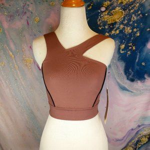 Under Armour MISTY asymmetrical cutout back workout fitness top in sepia + black